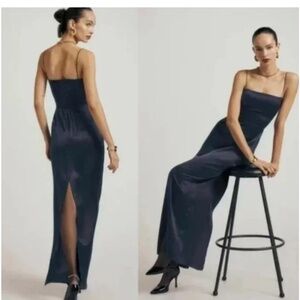 Reformation Frankie Navy Blue Silk Dress. Spaghetti strap & midi. Petite.